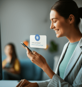 A person looking pleased with a relevant push notification on their smartphone.