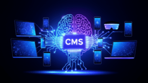 Abstract representation of a headless CMS and JAMstack architecture with data flowing to various devices.