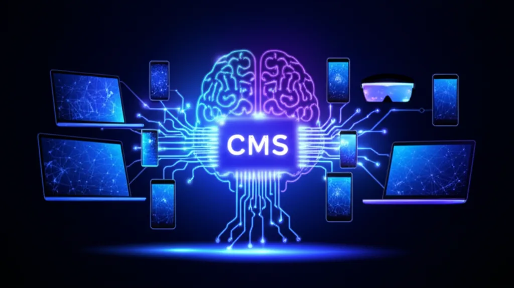 Abstract representation of a headless CMS and JAMstack architecture with data flowing to various devices.