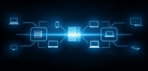 Abstract visualization of WebSocket technology enabling real-time data flow between a server and clients.