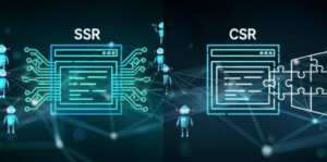 Diagram comparing Server-Side Rendering where a server sends a full page, and Client-Side Rendering where the browser builds the page.