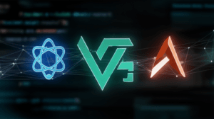 Logos of React, Vue.js, and Angular in a side-by-side comparison.
