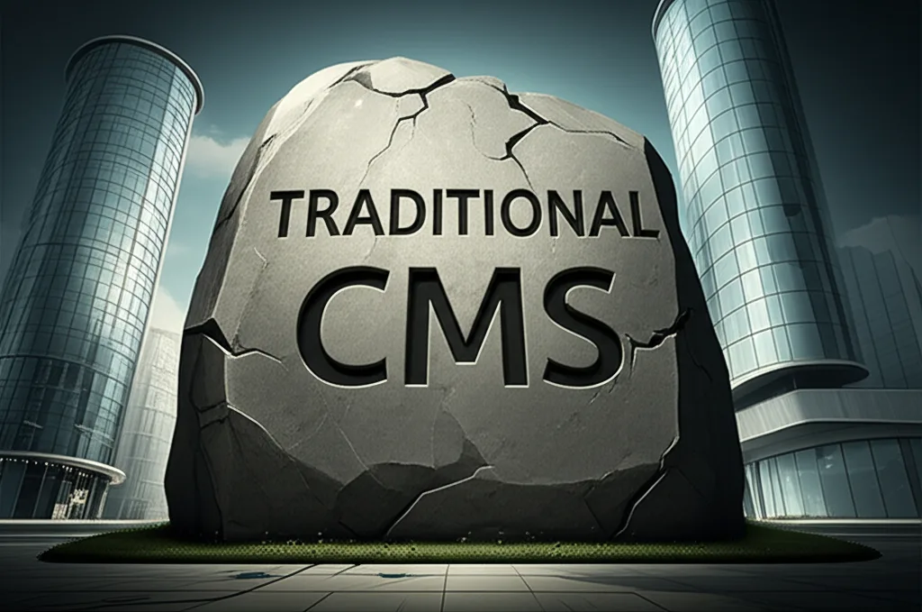 A crumbling monolithic CMS structure, representing its outdated architecture.