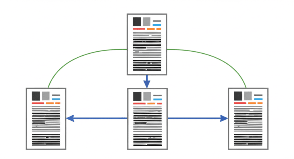 Diagram showing how duplicate content dilutes link equity across multiple pages.