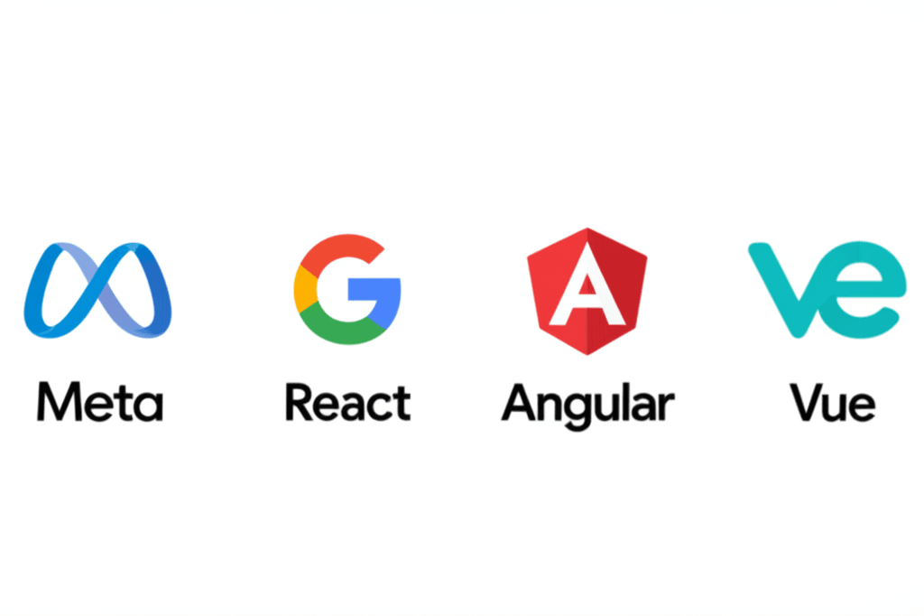 Infographic showing the creators of React (Meta), Angular (Google), and Vue (Community).