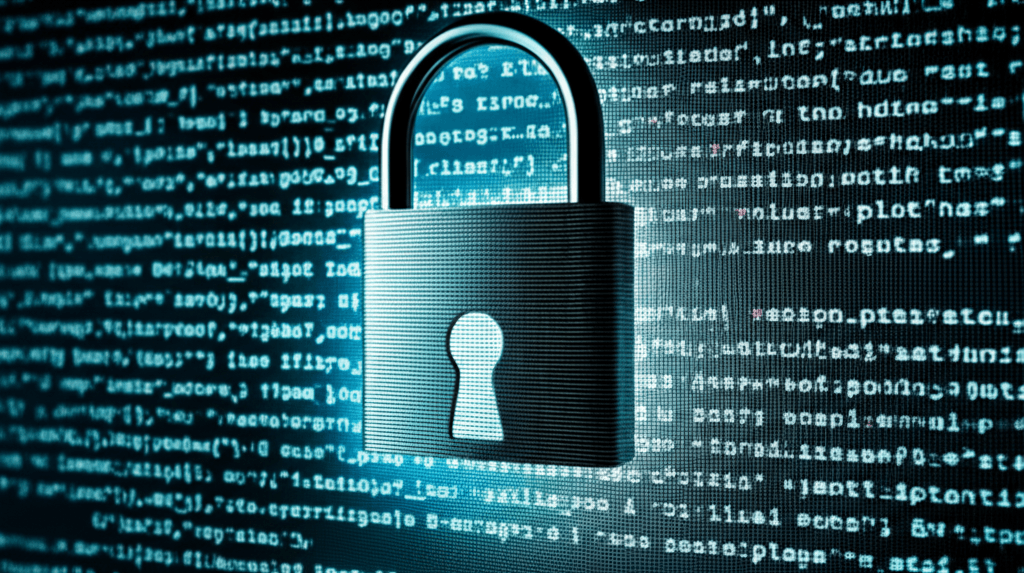 Padlock icon integrated into source code, representing secure coding principles.
