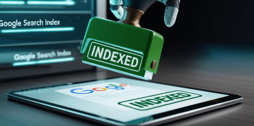 A conceptual image showing a webpage being successfully indexed by Google.