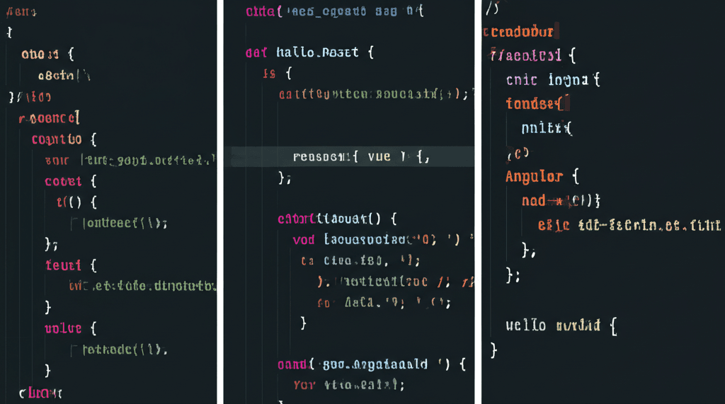 Code comparison of a simple component in React, Vue, and Angular.