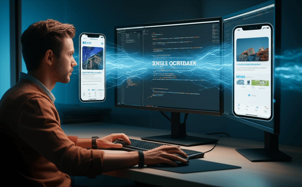 Illustration of a single codebase being deployed to both iOS and Android devices.
