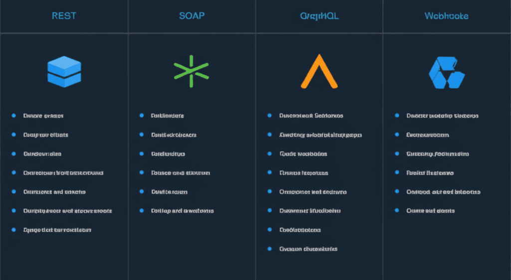 A chart comparing common API types: REST, SOAP, GraphQL, and Webhooks.