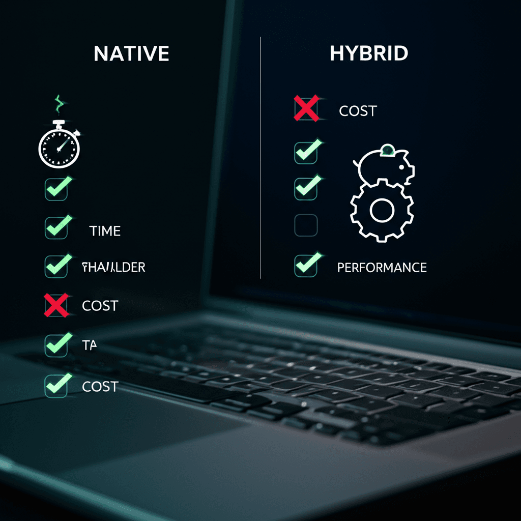 A comparison table outlining the key differences between native and hybrid app development.
