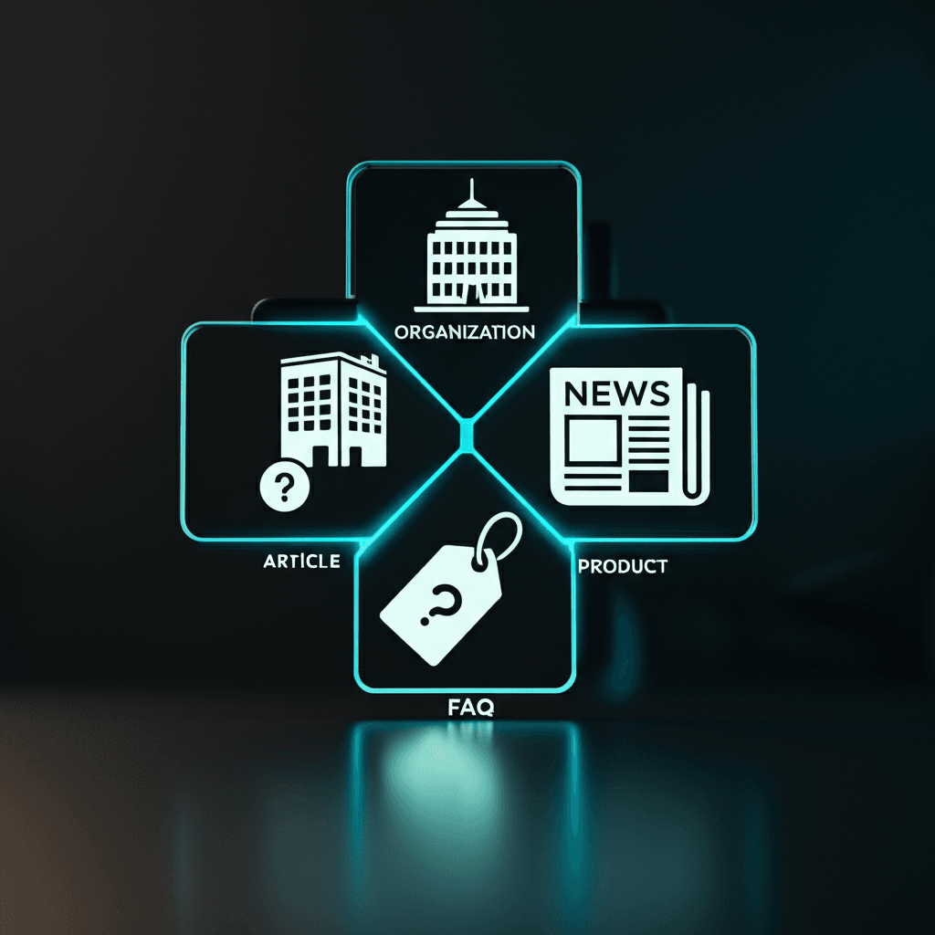 Icons representing common types of schema markup like Organization, Article, and Product.