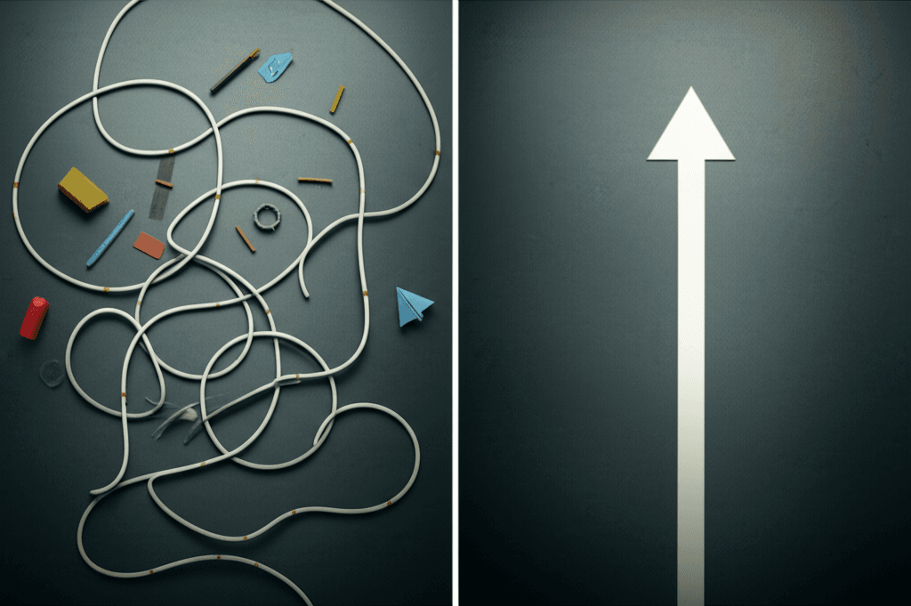 A before-and-after diagram showing a redirect chain being fixed.