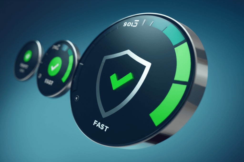 A dashboard showing excellent scores for website speed and security, key technical SEO factors.