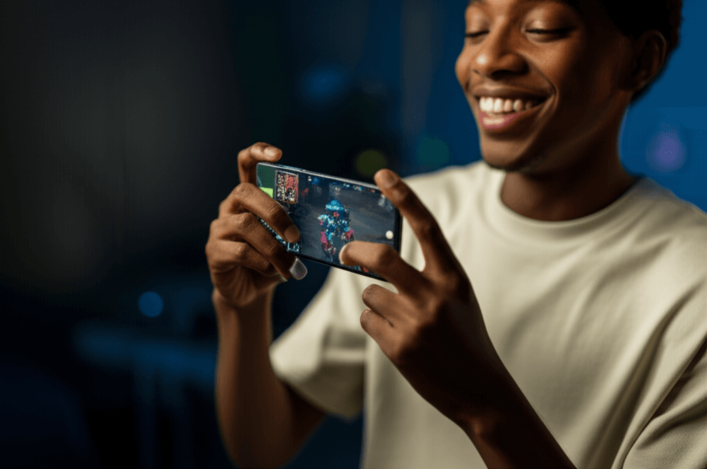 A person using a high-performance native mobile application for gaming.