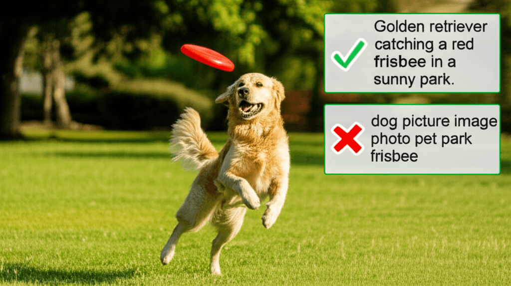An example of good vs. bad alt text for an image of a dog catching a frisbee.