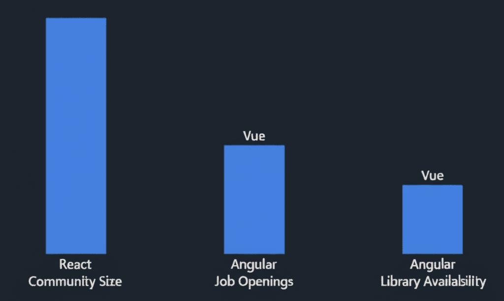 Chart comparing the ecosystem and job market for React, Vue, and Angular.