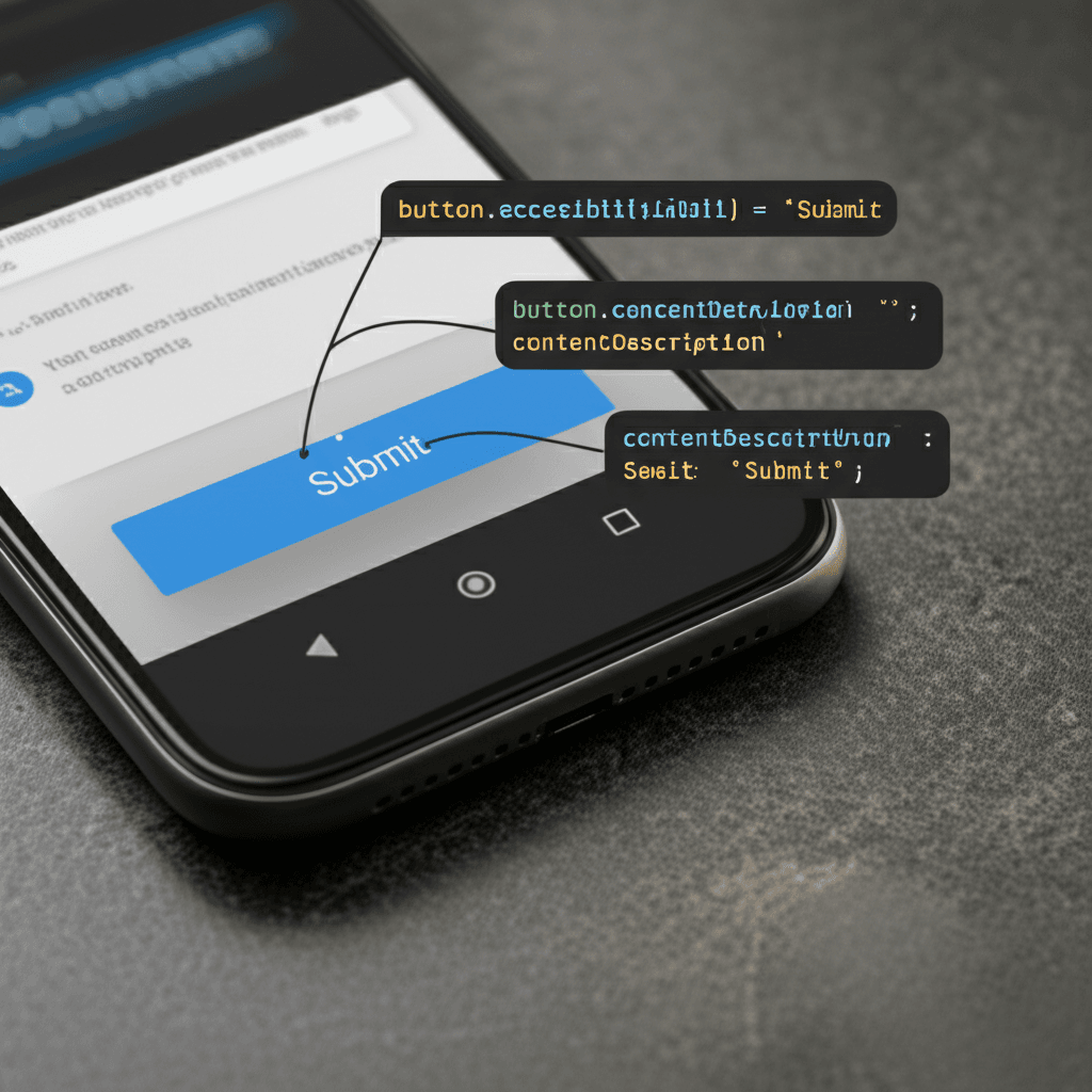 Code example showing how to add accessibility labels for a mobile app button.