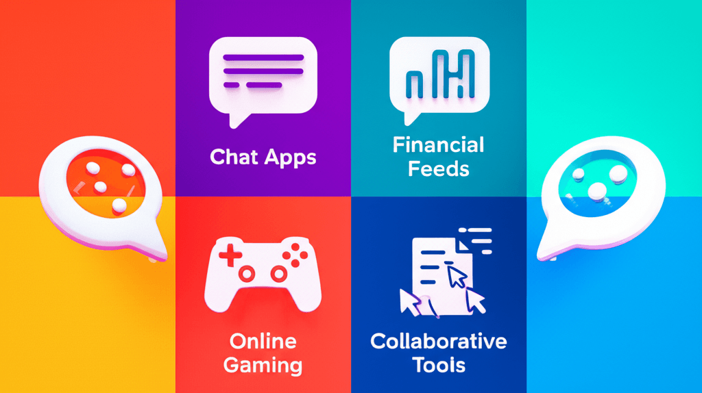 Infographic of key WebSocket use cases like chat, gaming, and live data feeds.