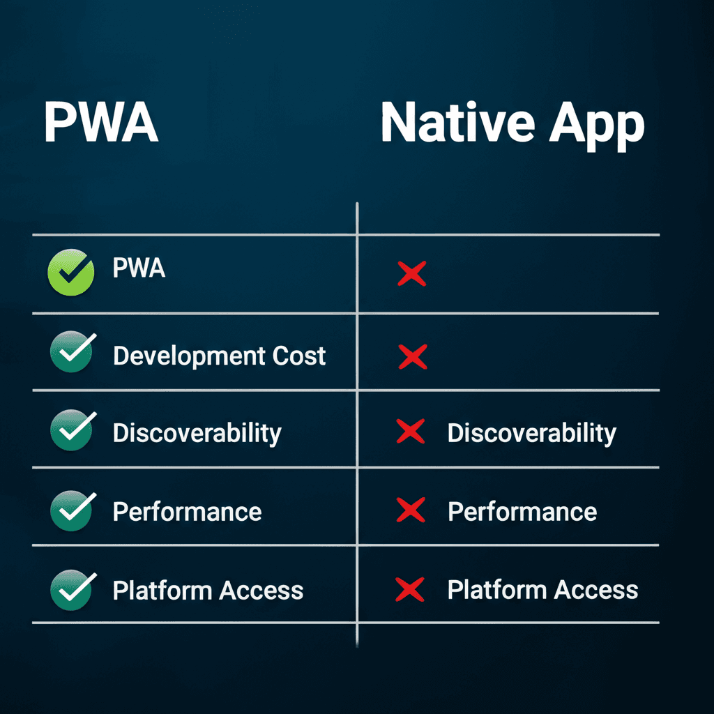 A comparison chart outlining the differences between PWAs and native apps.