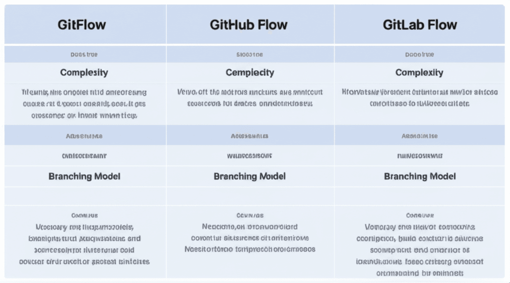 A comparison table of different Git workflows.