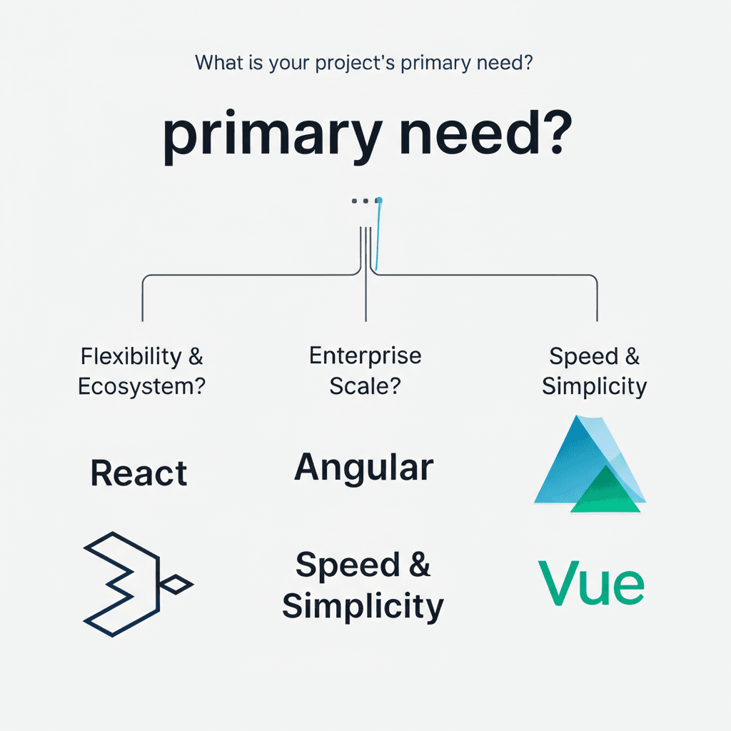 Decision-making guide for choosing between React, Vue, and Angular.