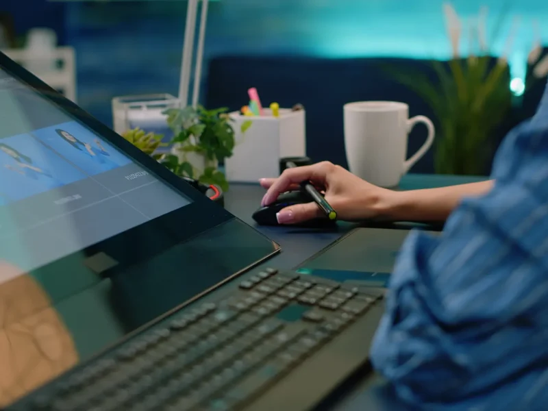 close up web designer using computer to sort photos close up of a web designer in sri lanka using computer to sort photos