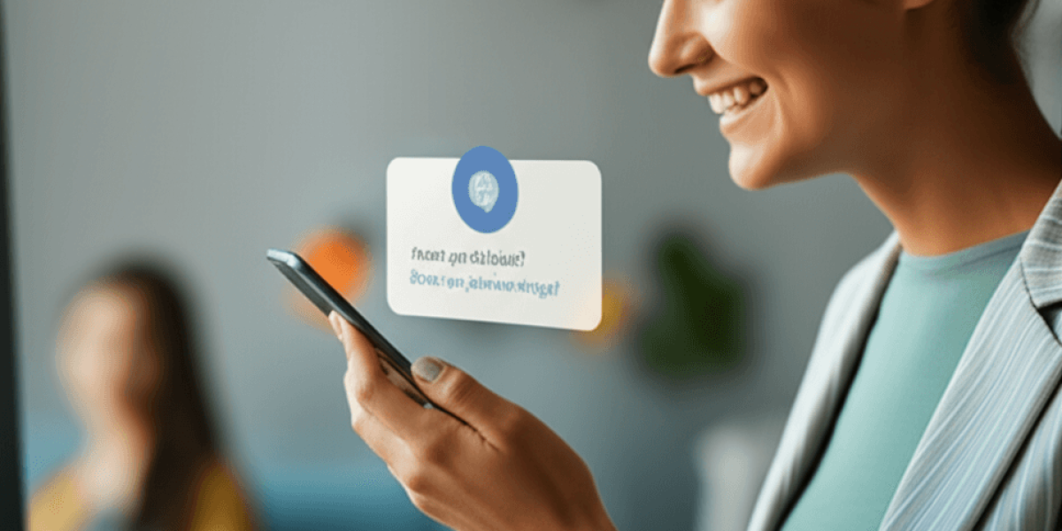 A person looking pleased with a relevant push notification on their smartphone.