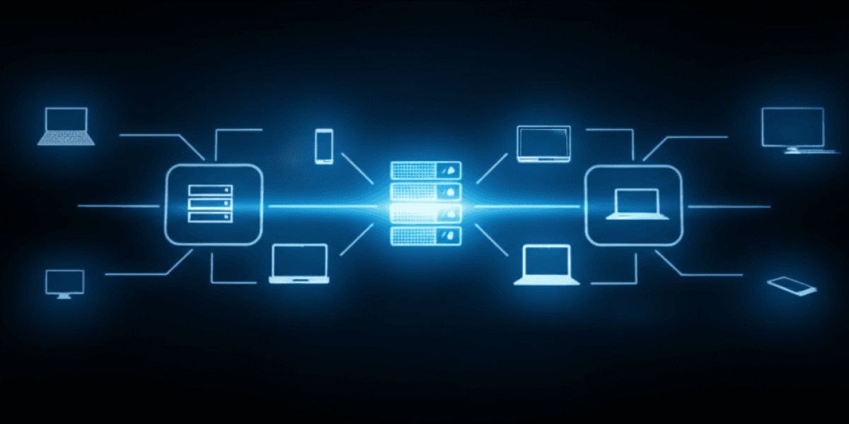 Abstract visualization of WebSocket technology enabling real-time data flow between a server and clients.