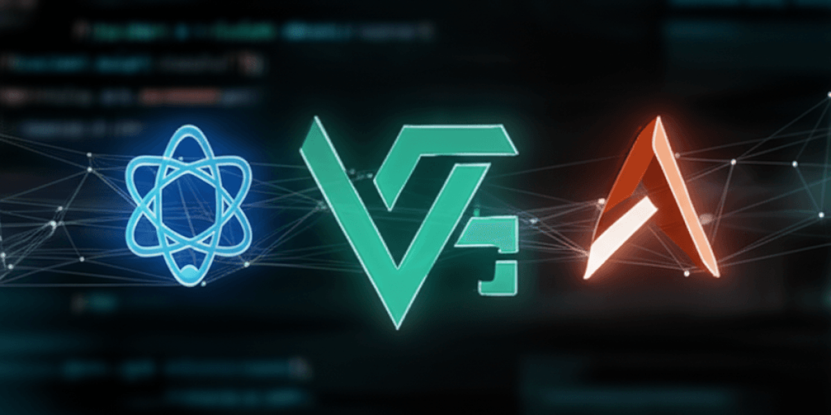 Logos of React, Vue.js, and Angular in a side-by-side comparison.