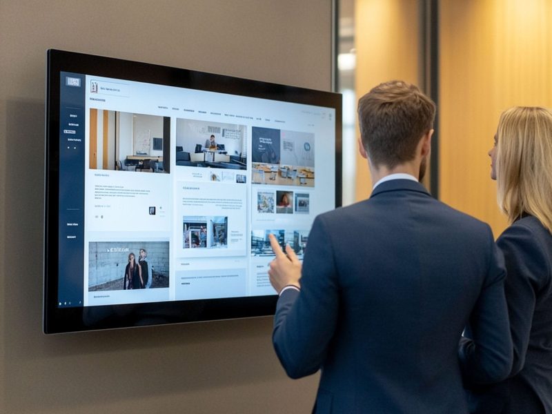 web design agency team in Sri Lanka web designers discussing a design on a large screen in a sri lankan web design agency office.